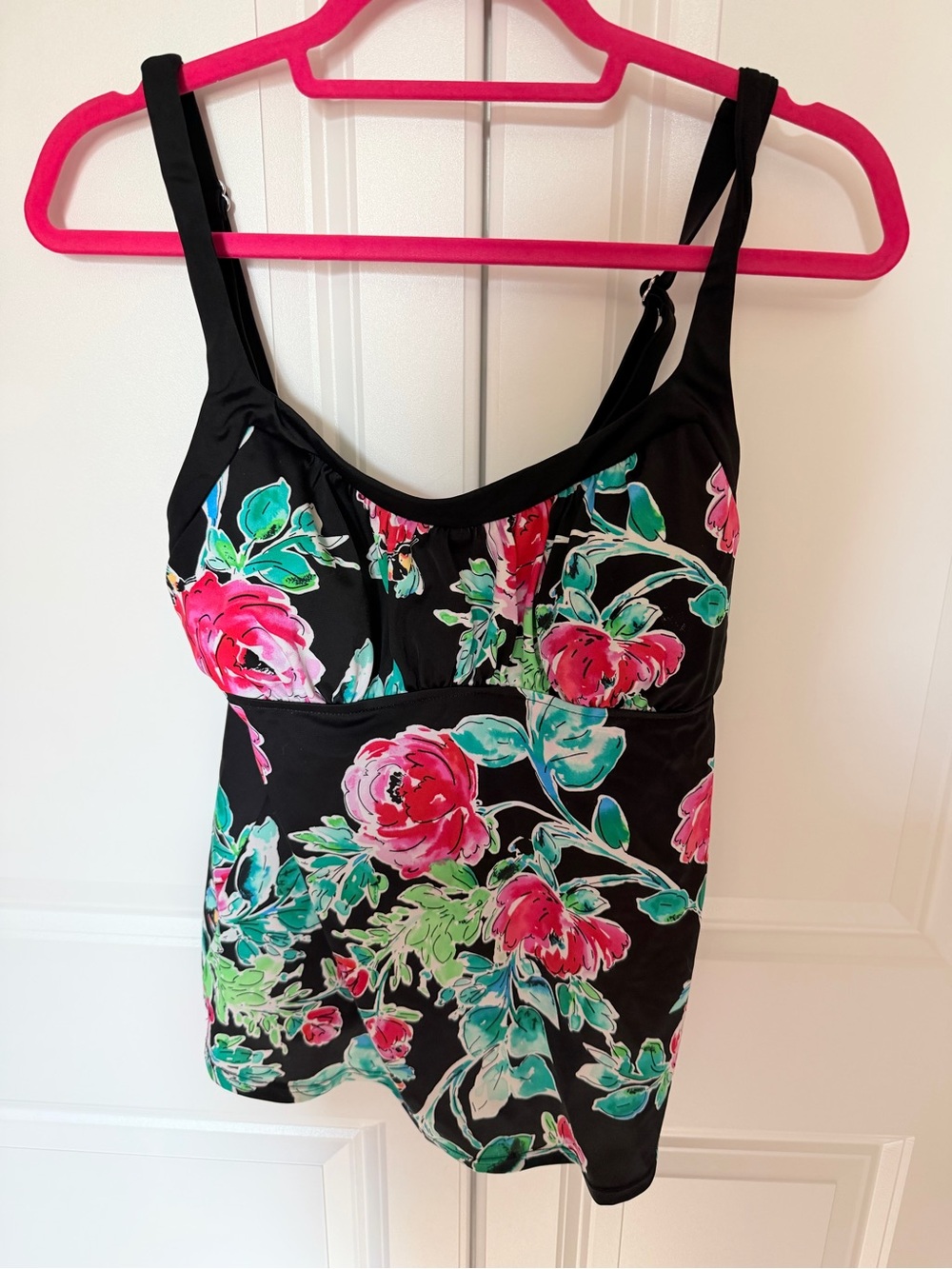 Caribbean Joe Black Floral Tankini Top with Pink and Teal Flowers